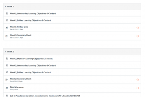 Screen capture of weekly modules from biology 250