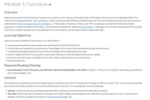 screencapture of module 1 overview page with learning objectives, reading, lectures for the module.