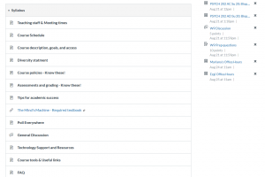 Screen capture of the Syllabus module, with course schedule, goals, diversity statement, policies, assessments, tips, and other tools and resources.