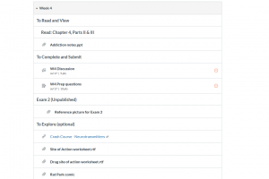 Screen capture of weekly module for week 4 use of headings for readings, assignments, and optional work.