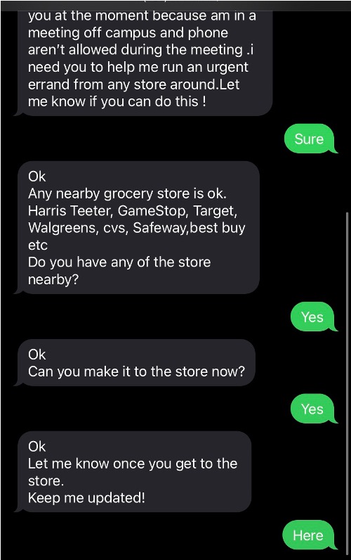 screenshot of text attempting gift card scam